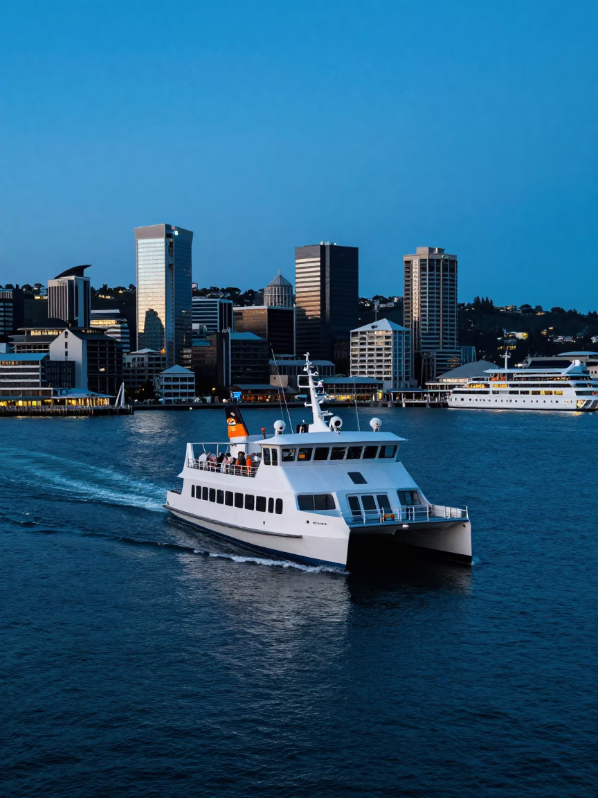 Wellington Evening Blue Light Catamaran Ferry Crossing Waterfront Harbor in in Wellington, New Zealand