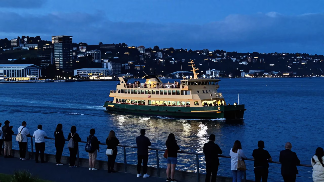 Wellington Evening Ferry Crossing Blue Light Coastal View in in Wellington, New Zealand