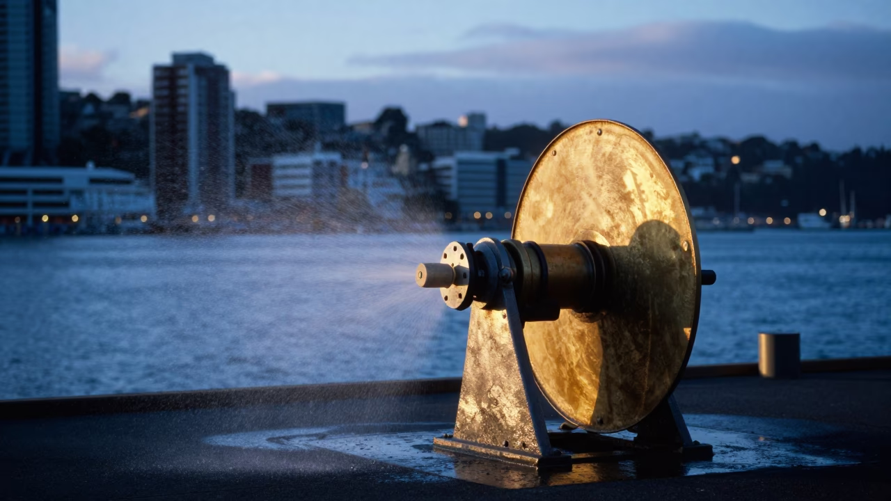 Wellington Evening Harbor Scene with Hydrophone Winch and Golden Light in in Wellington, New Zealand