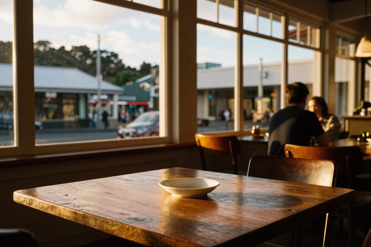 Wellington Evening Light Captures Local Cafe Interior with Porcelain and Paint Details in in Wellington, New Zealand