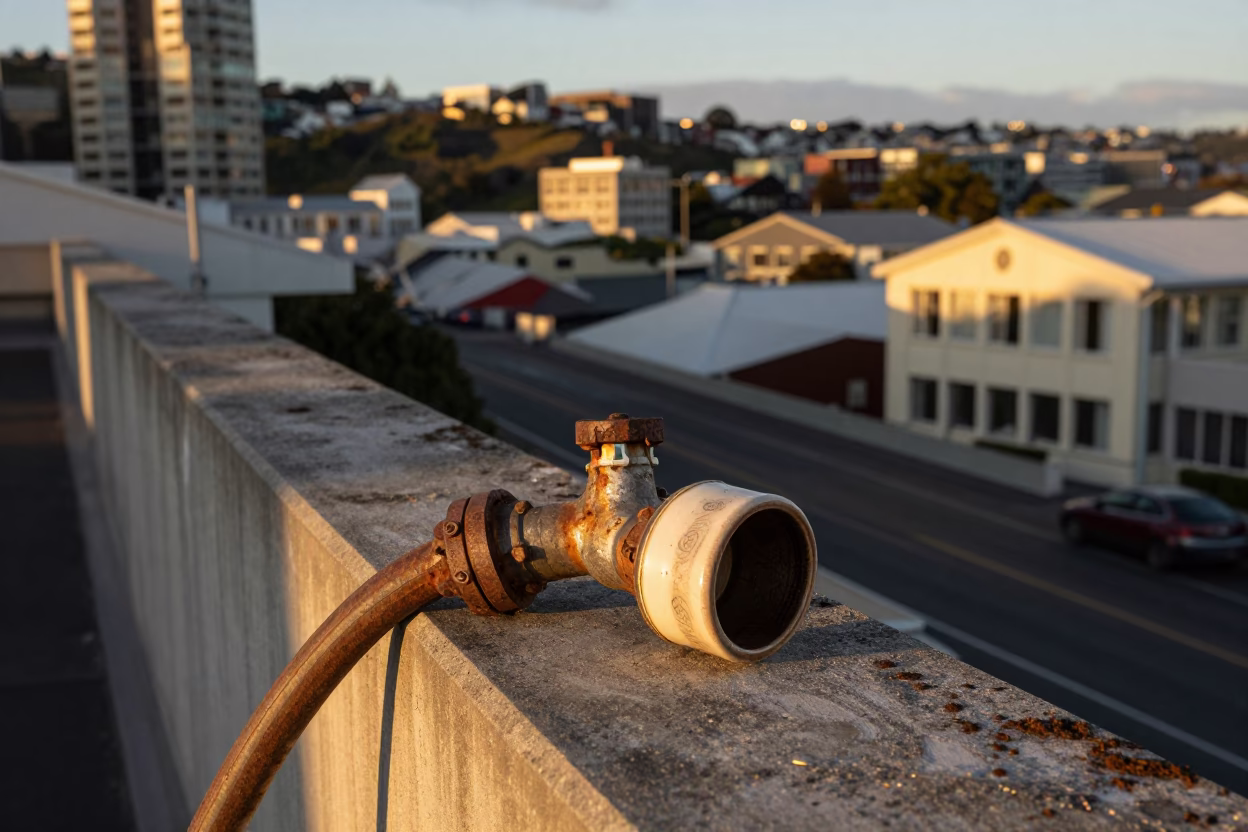 Wellington Evening Light Over Interchange Ramp and Urban Rooftop Details in in Wellington, New Zealand