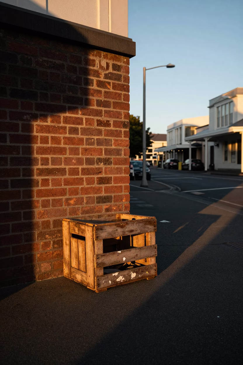 Wellington Evening Street Scene with Crate and Paint Flecks in Honeyed Light in in Wellington, New Zealand