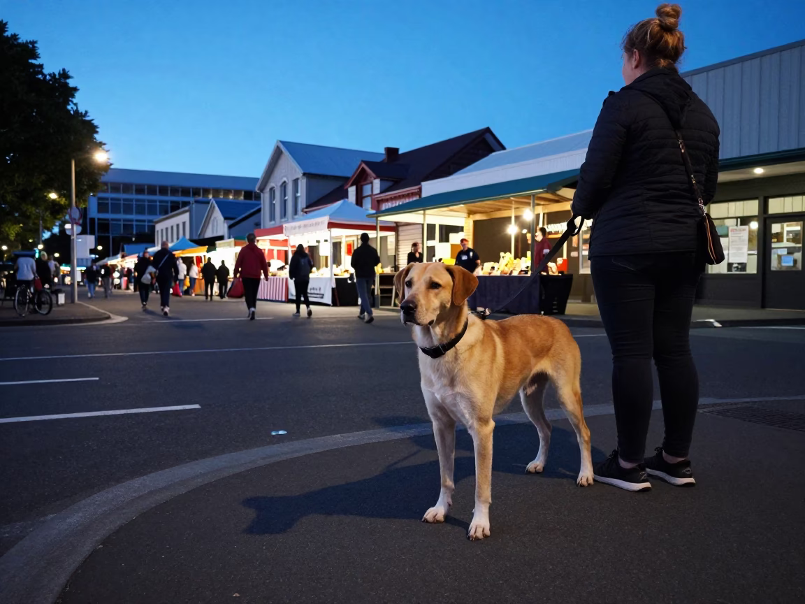 Wellington Evening Street Scene with Dog and Market Stalls in Blue Light in in Wellington, New Zealand