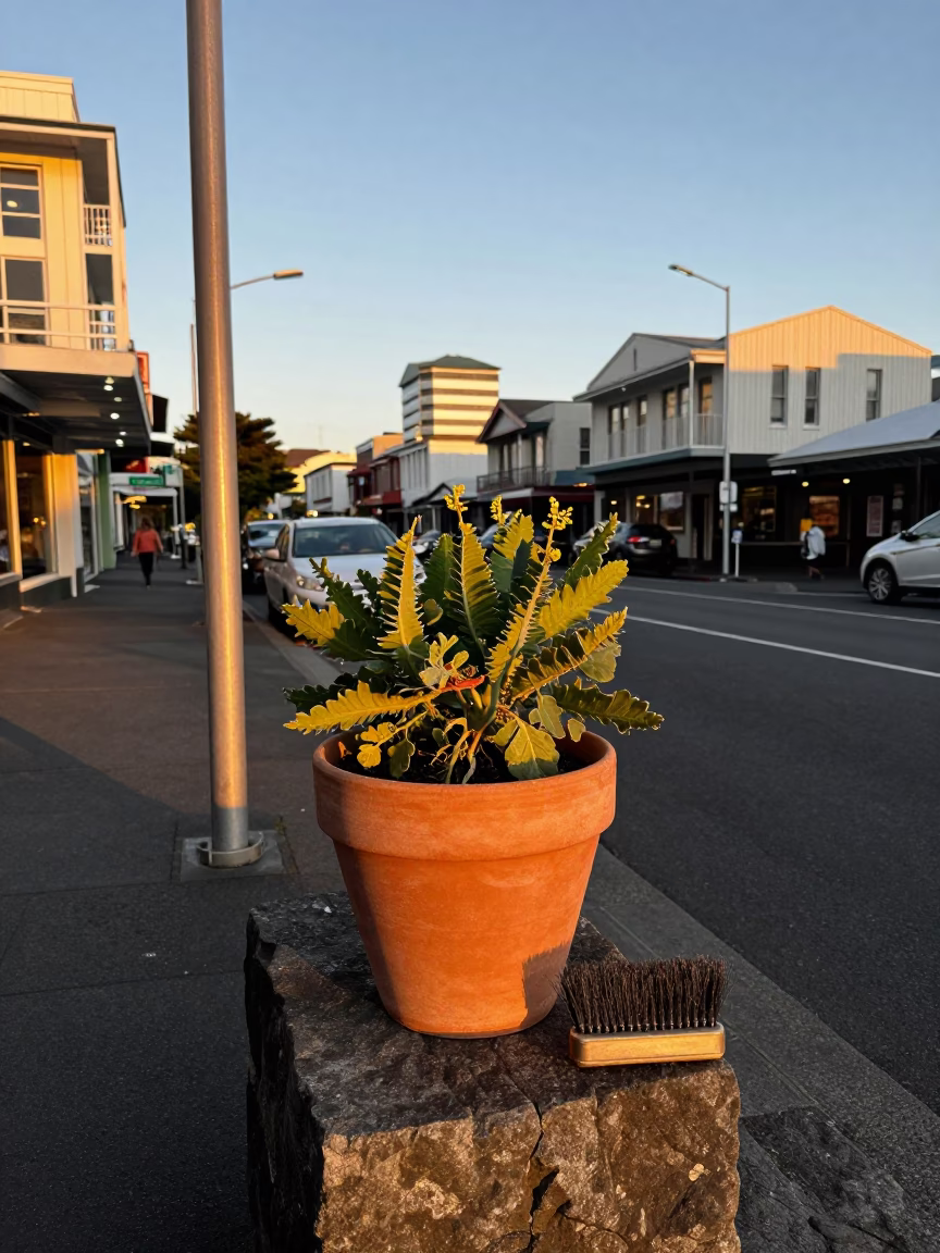 Wellington Evening Street Scene with Flowerpot and Brushed Steel Details in in Wellington, New Zealand