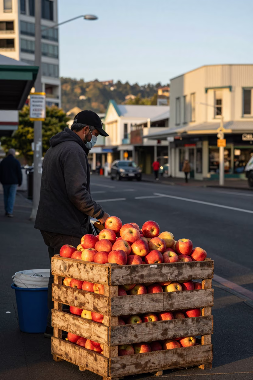 Wellington Evening Street Scene with Fruit Crate and Local Interaction in in Wellington, New Zealand