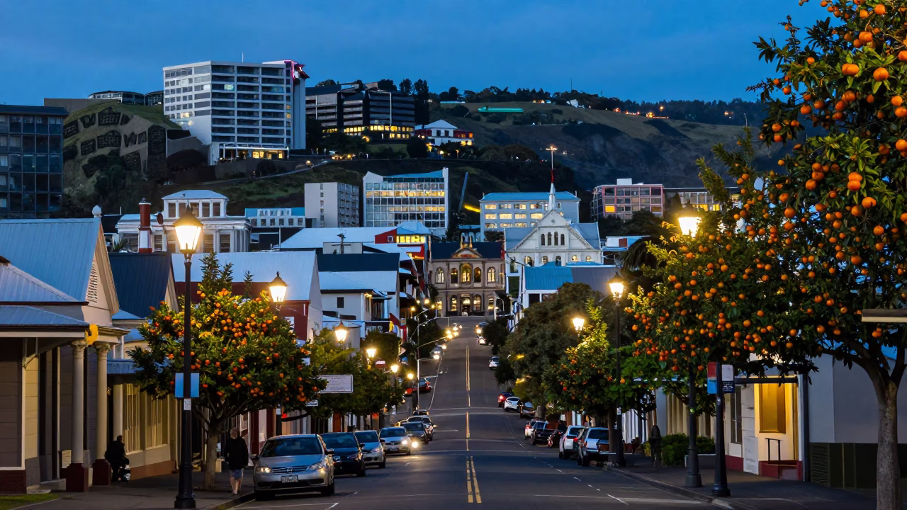 Wellington Evening Street Scene with Lanterns and Nectarines in in Wellington, New Zealand