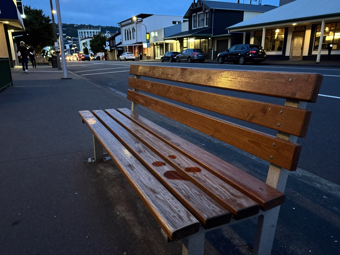 Wellington Evening Street Scene with Tea Stains and Urban Details in Blue Hour Light in in Wellington, New Zealand