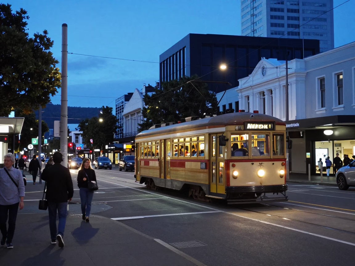Wellington Evening Street Scene with Tram and Pedestrians in Blue Hour Light in in Wellington, New Zealand