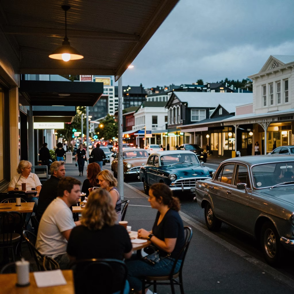 Wellington Evening Street Scene with Vintage Cars and Local Diners at City Lights Glow in in Wellington, New Zealand