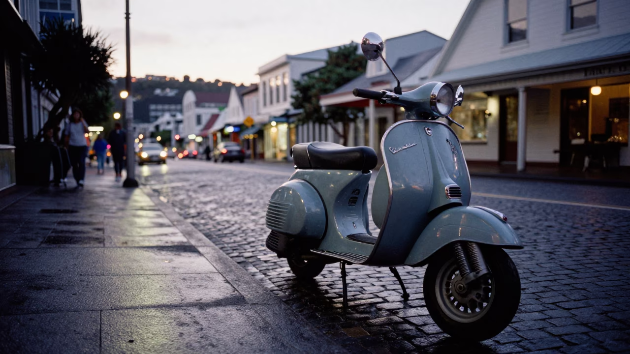 Wellington Evening Street Scene with Vintage Vespa on Cobblestone Lane in in Wellington, New Zealand