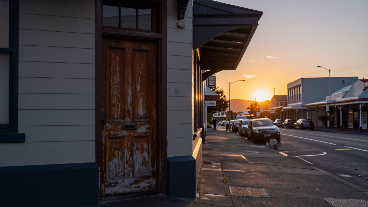 Wellington Evening Street Scene with Weathered Wooden Door and Local Diner in in Wellington, New Zealand