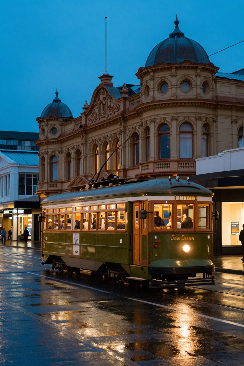 Wellington Evening Tram Passing Art Nouveau Facades in Blue Hour Light in in Wellington, New Zealand