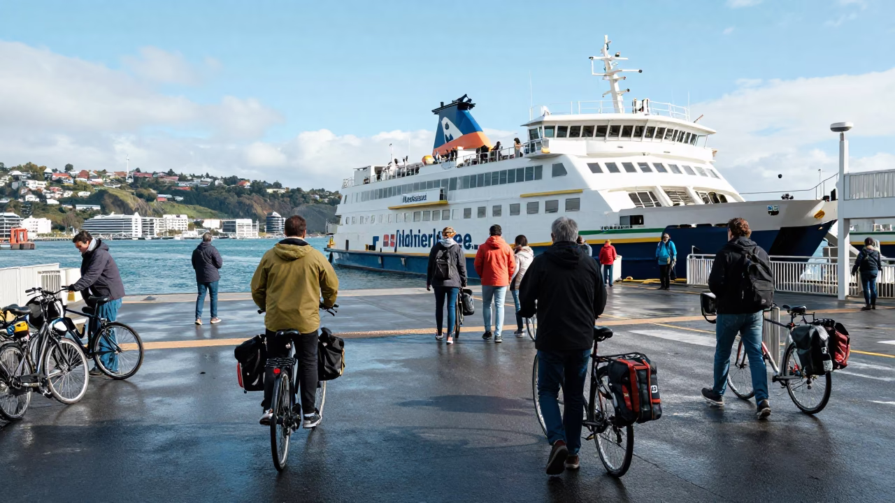 Wellington Ferry Terminal Midday Boarding Passengers and Bicycles in in Wellington, New Zealand