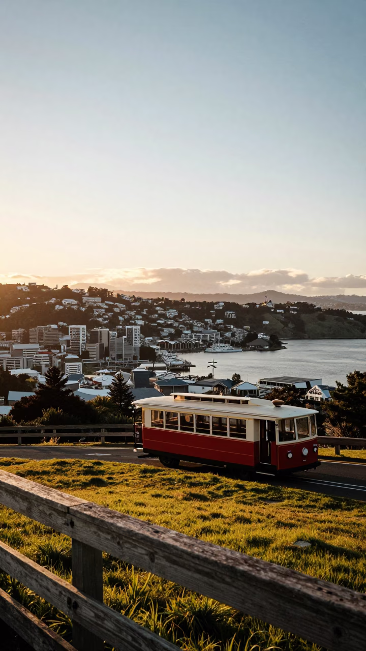 Wellington Harbor And Cable Car From Mount Victoria Summit at Sunset Light in in Wellington, New Zealand