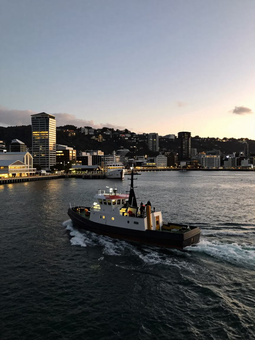 Wellington Harbor at Dusk with Pilot Boat and City Lights in in Wellington, New Zealand