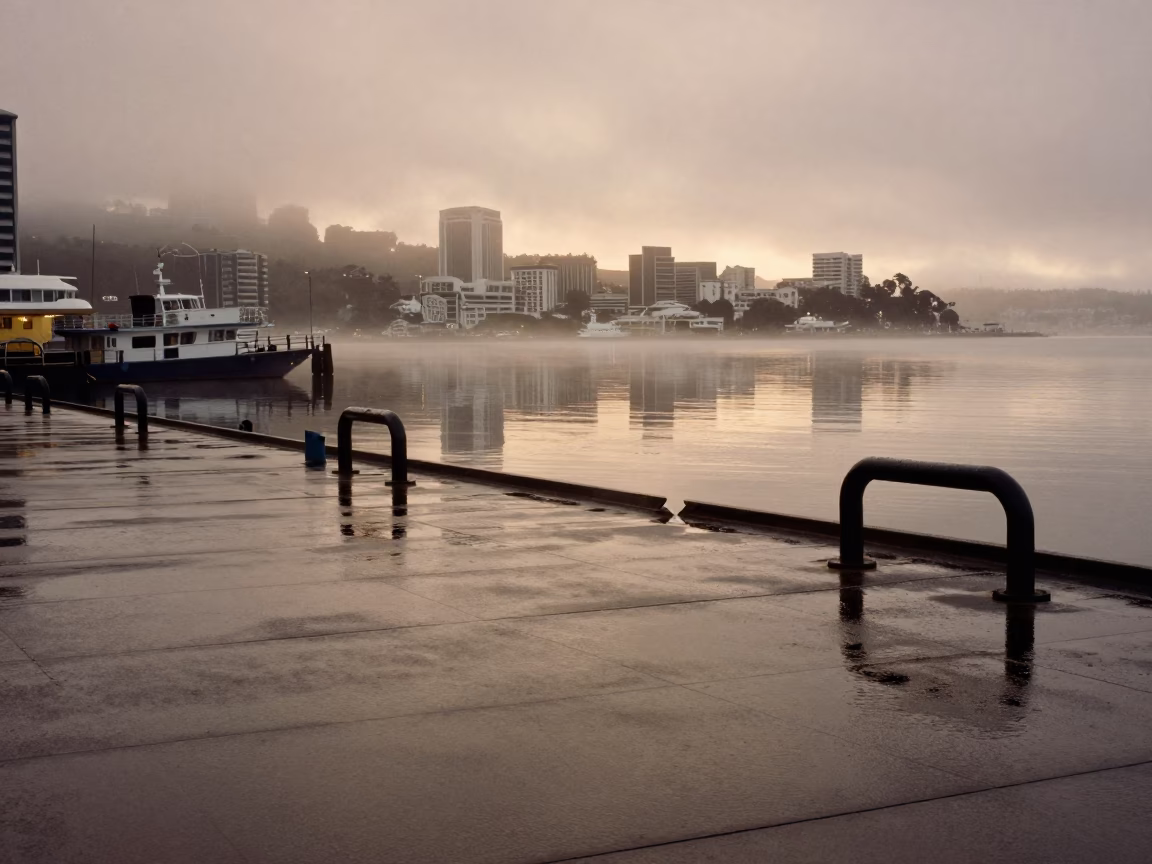 Wellington Harbour Dawn Mist Reflecting Iron Dock Hardware and Rain-Slicked Deck Markings in in Wellington, New Zealand