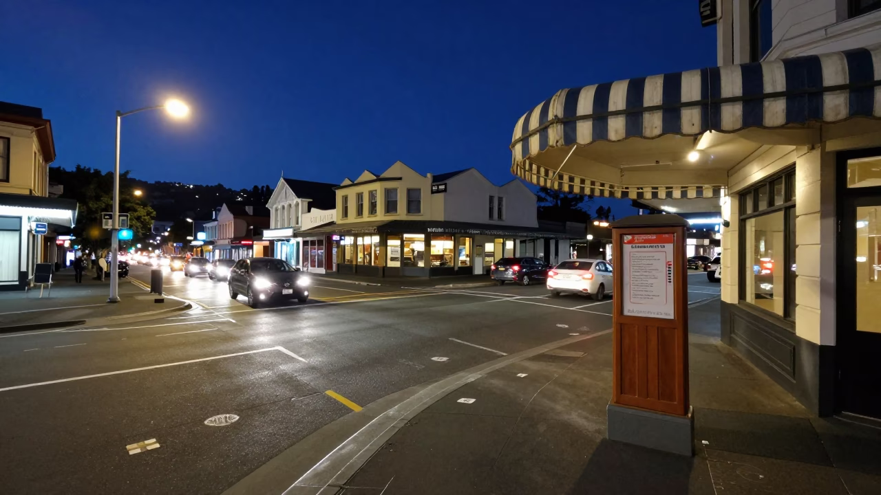 Wellington Midnight Street Scene with Valet Stand and Headlight Streaks Under Hotel Awnings in in Wellington, New Zealand