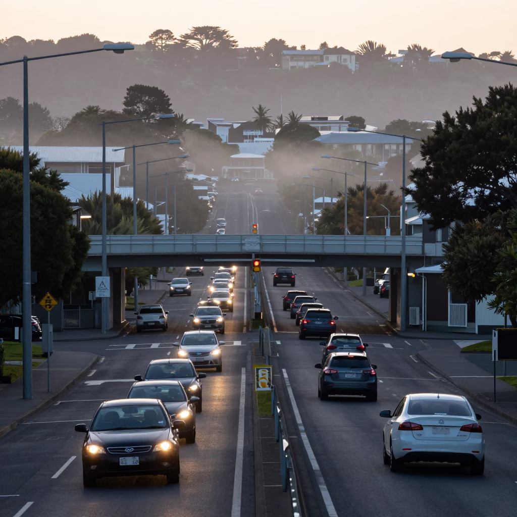 Wellington Morning Commute Before Sunrise Overpass Interchange Lane Split Lit by Taillight Streaks in in Wellington, New Zealand