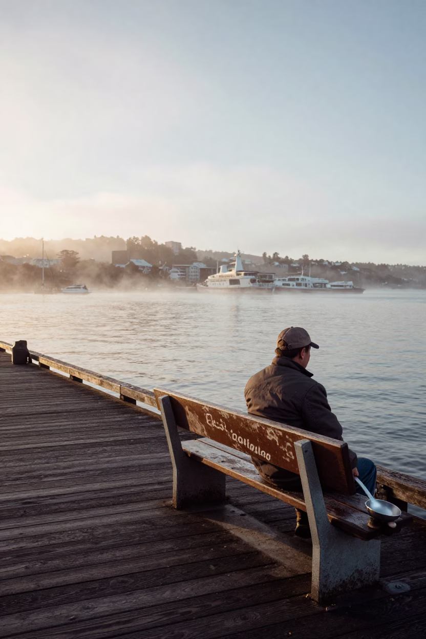 Wellington Morning Commute with Shoe Brush and Ladle on Wooden Bench in in Wellington, New Zealand