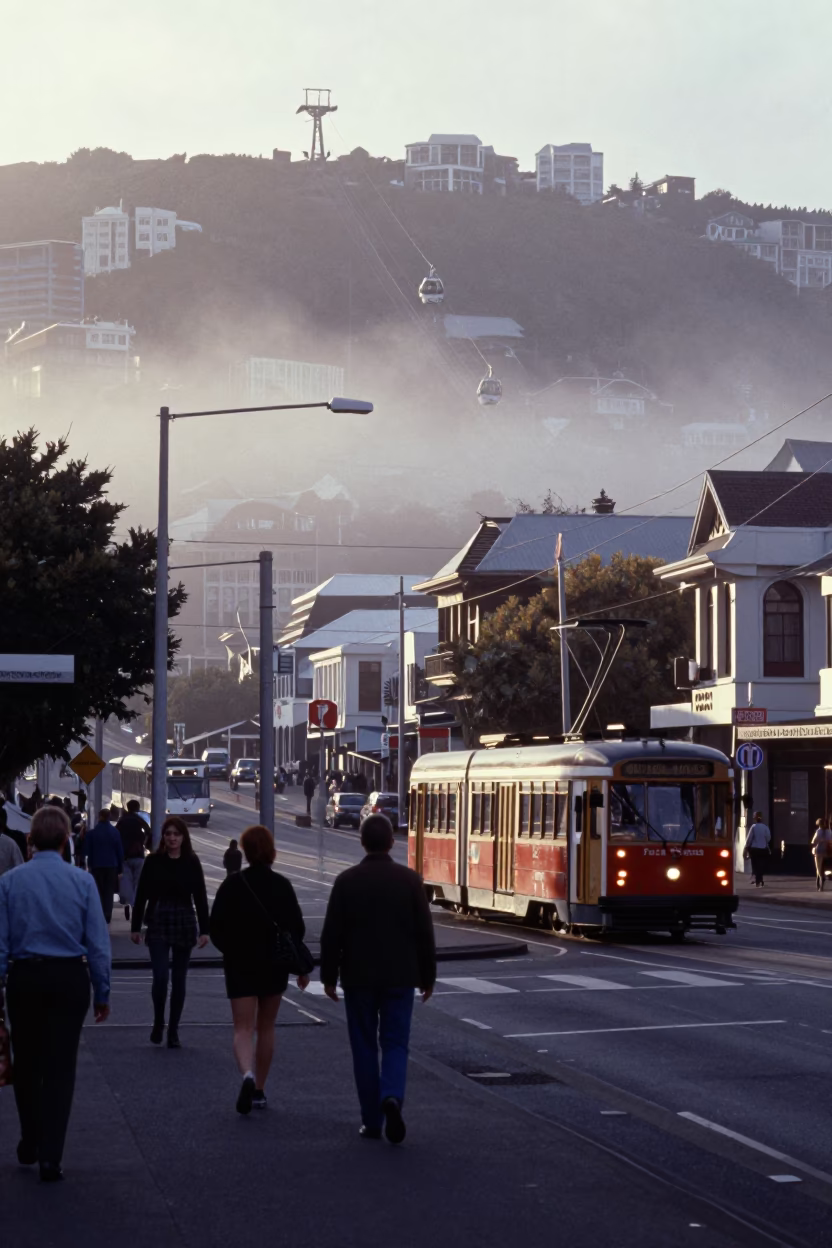 Wellington Morning Rush Street Scene with Tram and Commuters Before Sunrise in in Wellington, New Zealand