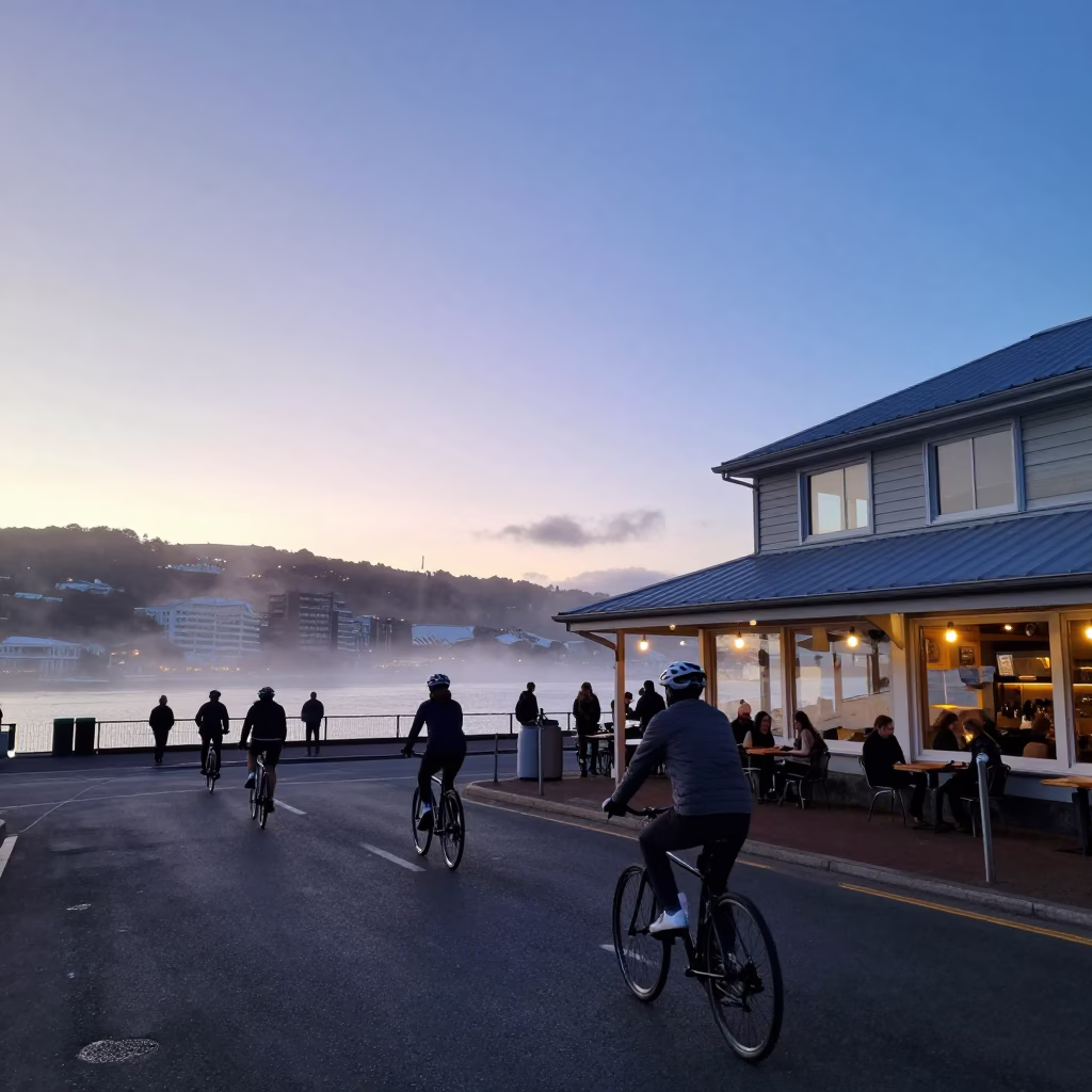 Wellington Nautical Dawn Street Scene with Cyclists and Harbor View in in Wellington, New Zealand