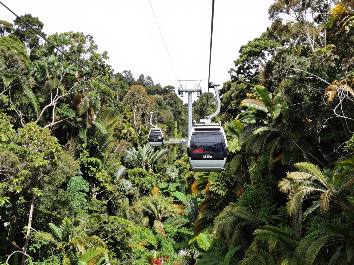 Wellington New Zealand Aerial Tramway Crossing Rainforest Canopy Under Flat Noon Glare in in Wellington, New Zealand