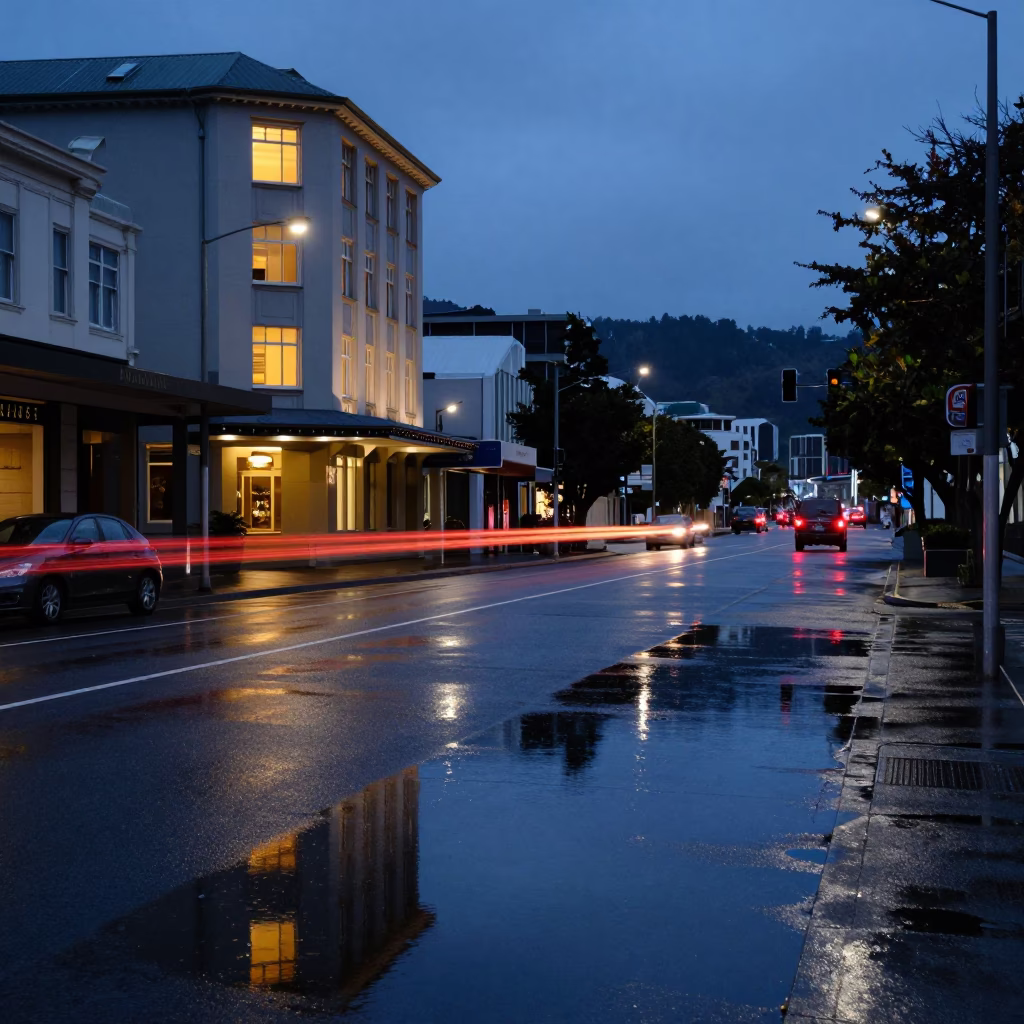 Wellington New Zealand Blue Hour Street Scene with Puddle Reflections and Distant Car Lights in in Wellington, New Zealand