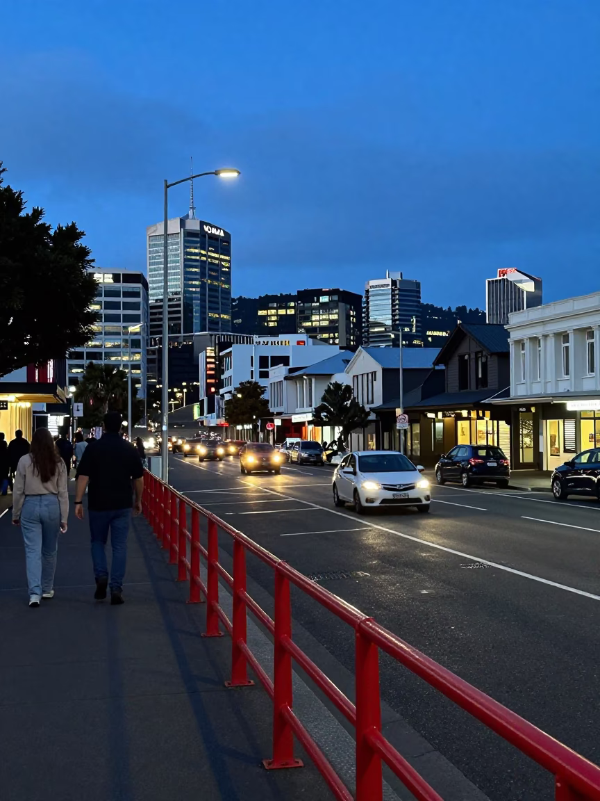 Wellington New Zealand Blue Hour Street Scene with Red Railings and Urban Activity in in Wellington, New Zealand