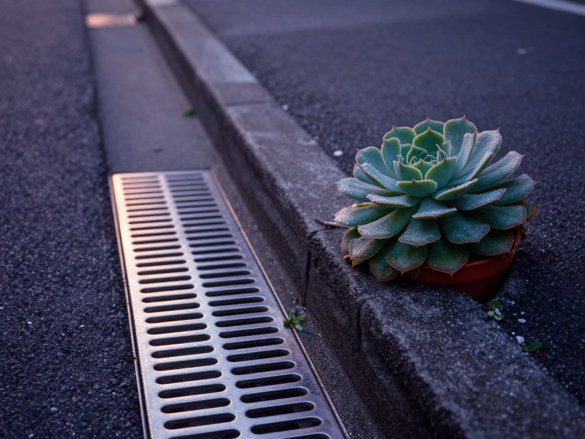 Wellington New Zealand blue hour street scene with stainless steel drain and echeveria rosette in in Wellington, New Zealand