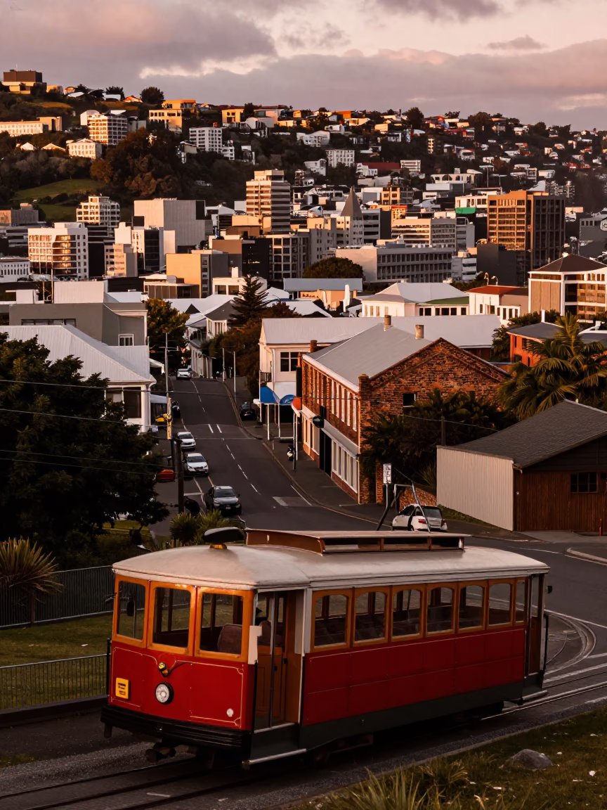 Wellington New Zealand Cable Car and Cityscape in Copper Dusk Light in in Wellington, New Zealand