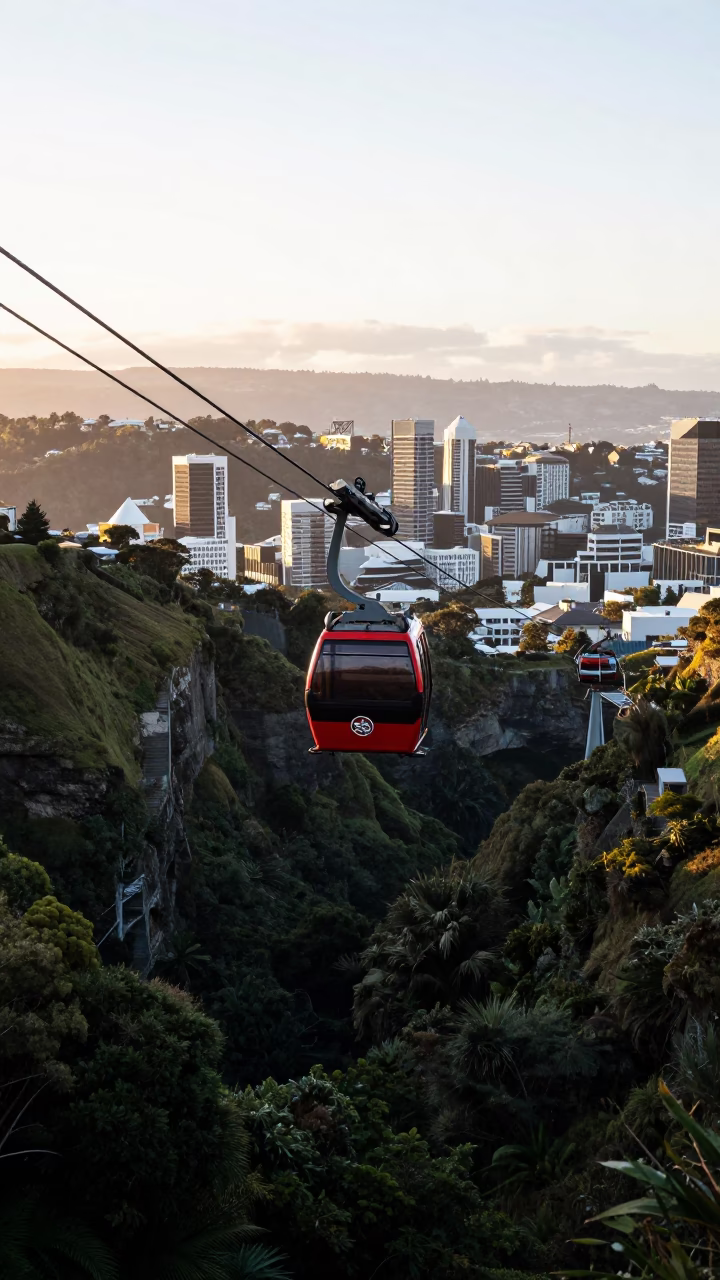 Wellington New Zealand Cable Car Crossing Gorge at Sunrise with City Views in in Wellington, New Zealand