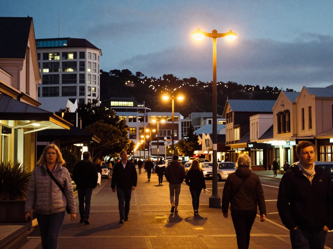 Wellington New Zealand City Lights Glow at Dusk on Courtenay Place Street Scene in in Wellington, New Zealand
