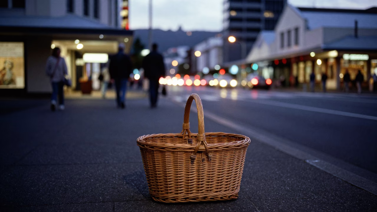 Wellington New Zealand City Lights Glow Evening Street Scene with Wicker Basket in in Wellington, New Zealand