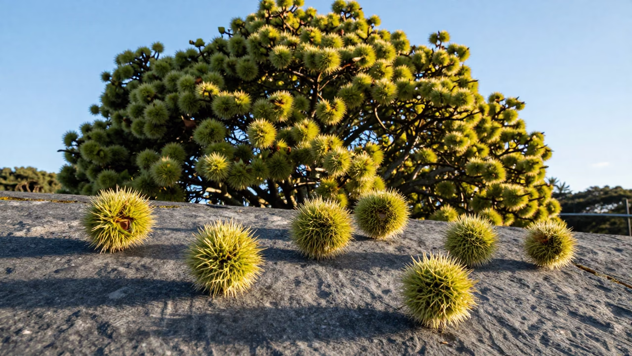 Wellington New Zealand clear late afternoon light chestnut tree spiky husks harbor view in in Wellington, New Zealand