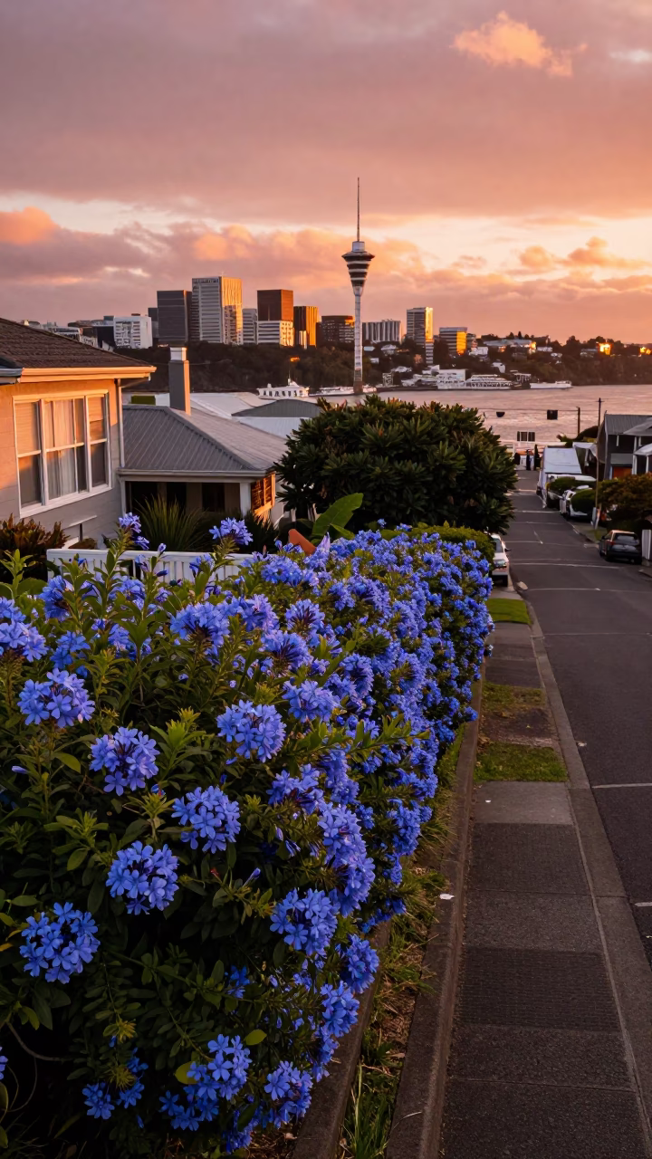 Wellington New Zealand Copper Sunset Plumbago Hedge and City View in in Wellington, New Zealand