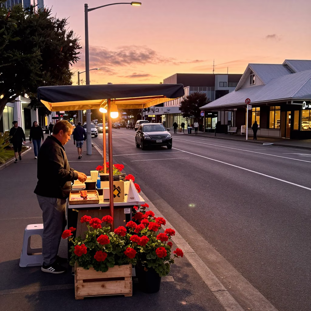 Wellington New Zealand Copper Sunset Street Scene with Geraniums and Urban Details in in Wellington, New Zealand