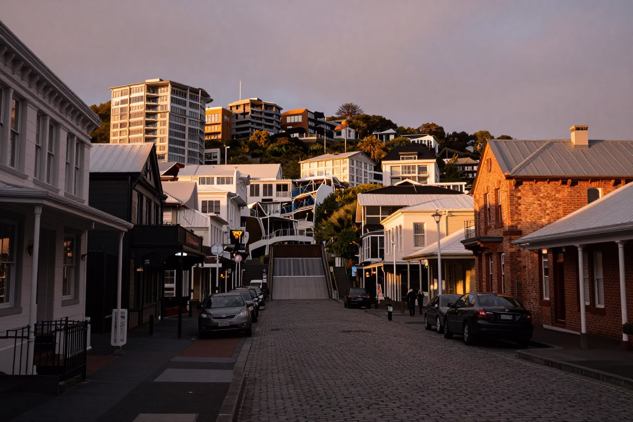 Wellington New Zealand Copper Toned Dusk Landscape Street Scene with Spillway and Fruit Vendor in in Wellington, New Zealand