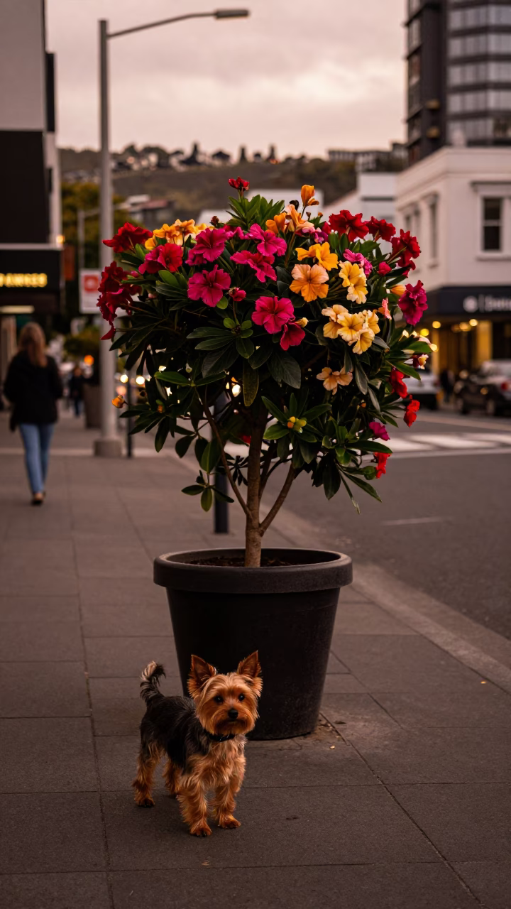 Wellington New Zealand Copper Toned Dusk Street Scene With Flowering Plant And Yorkshire Terrier in in Wellington, New Zealand