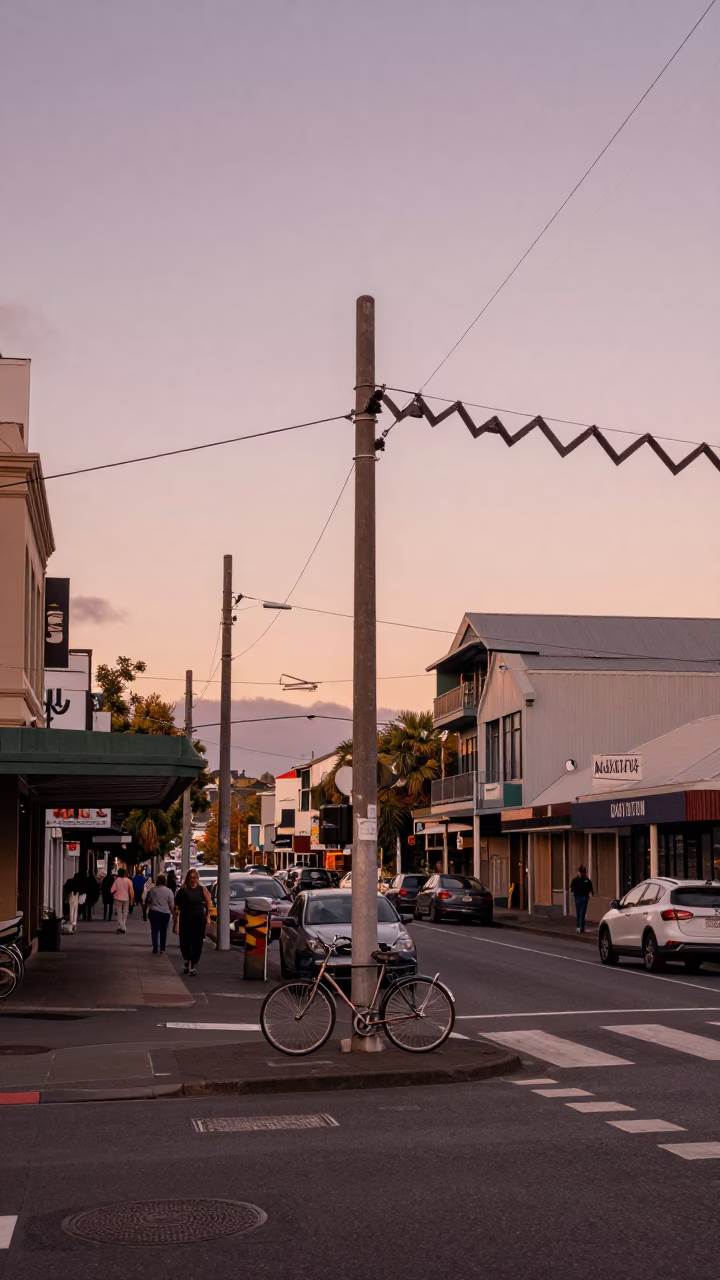 Wellington New Zealand Copper Toned Dusk Street Scene with Vintage Bicycle and Local Commerce in in Wellington, New Zealand