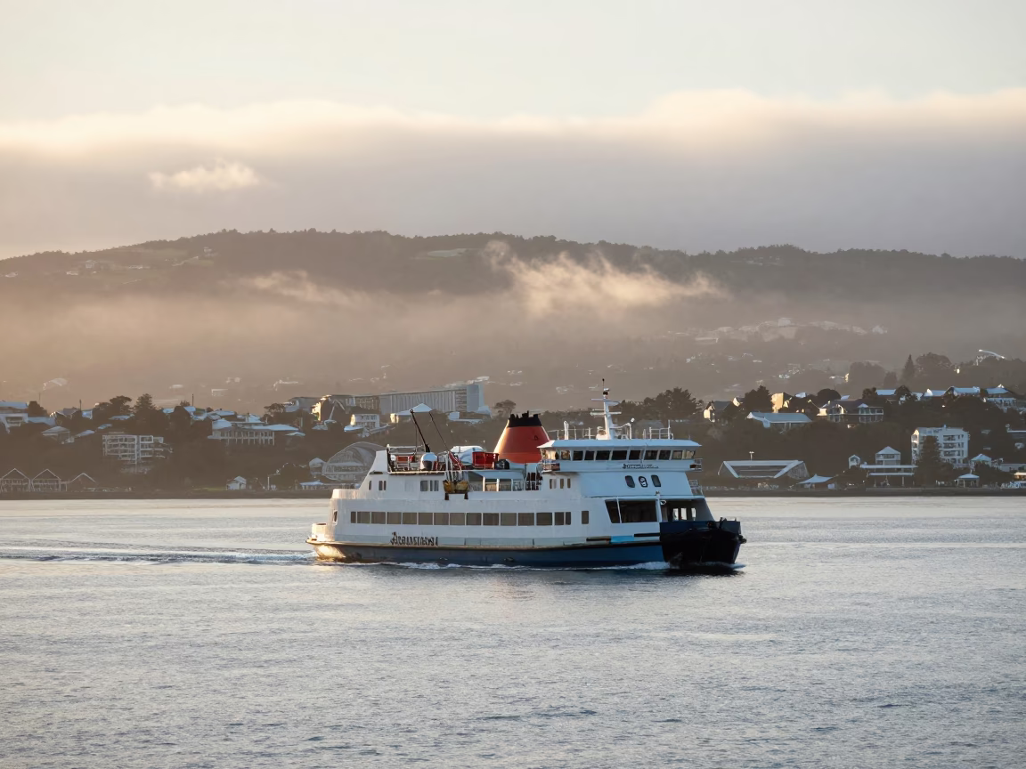Wellington New Zealand Dawn Harbor View with Ferry and Coastal Fog in in Wellington, New Zealand