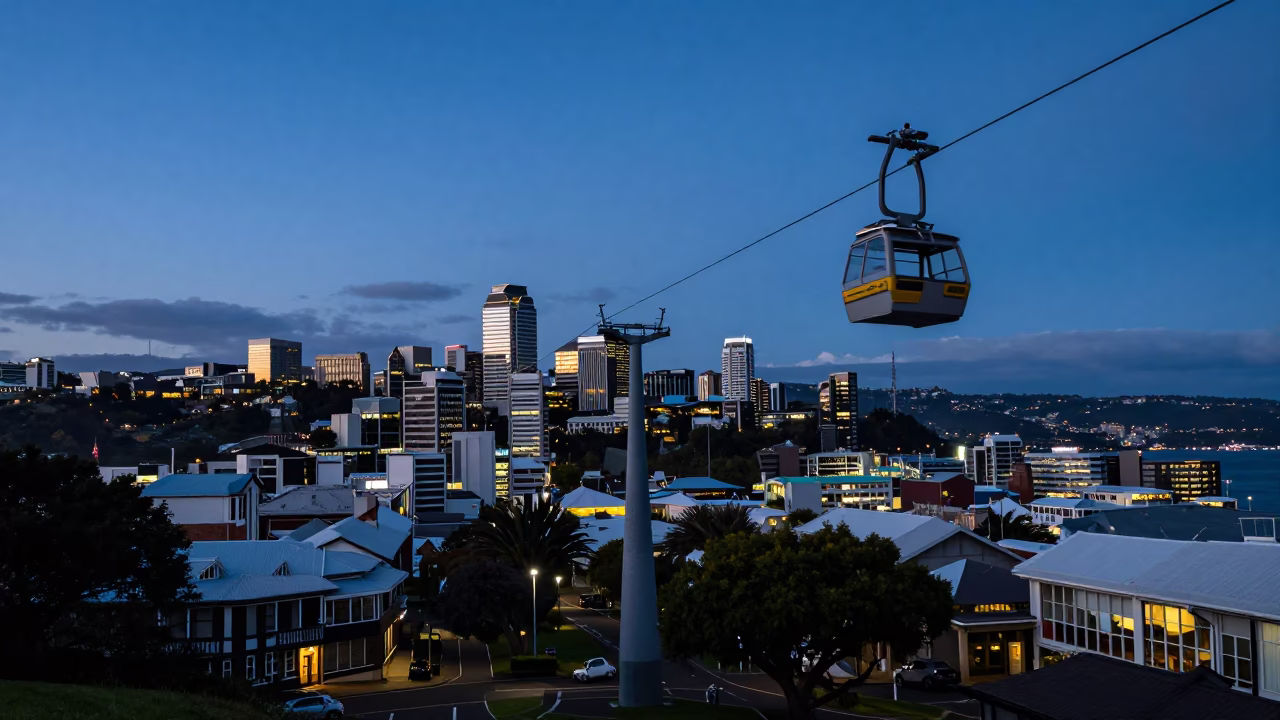 Wellington New Zealand Dawn Street Scene with Gondola Lift and City Lights in in Wellington, New Zealand