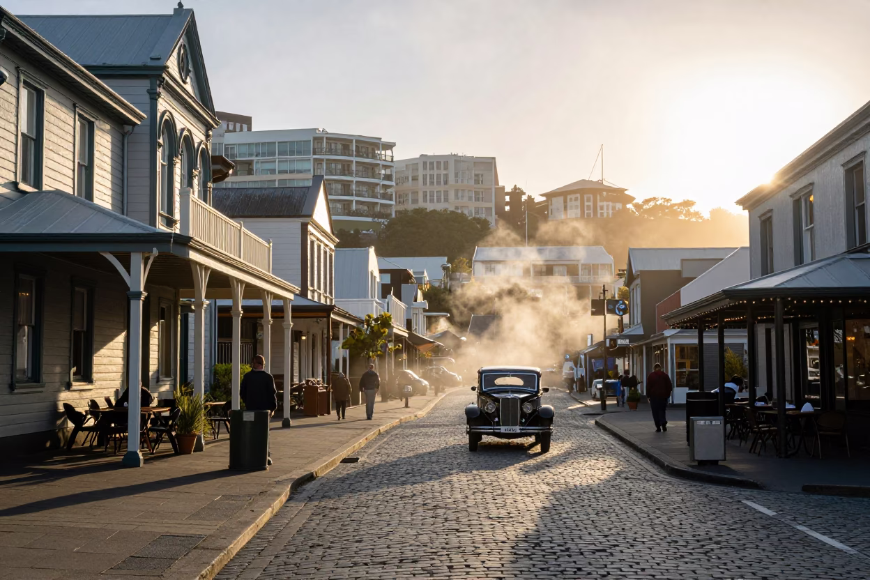 Wellington New Zealand Dawn Street Scene with Steam Haze and Vintage Car in in Wellington, New Zealand