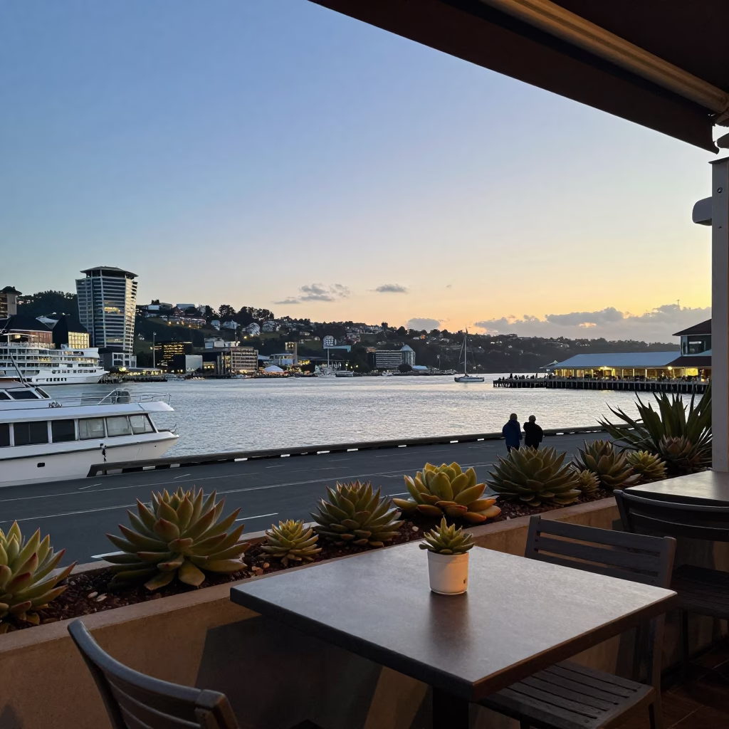 Wellington New Zealand Early Evening Harbour View with Local Cafe Succulents in in Wellington, New Zealand