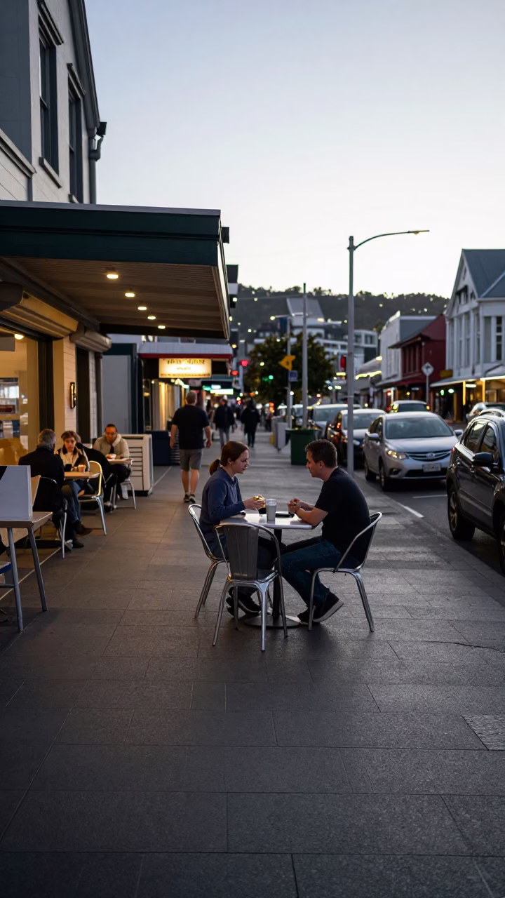 Wellington New Zealand Early Evening Street Scene with Local Dining in in Wellington, New Zealand