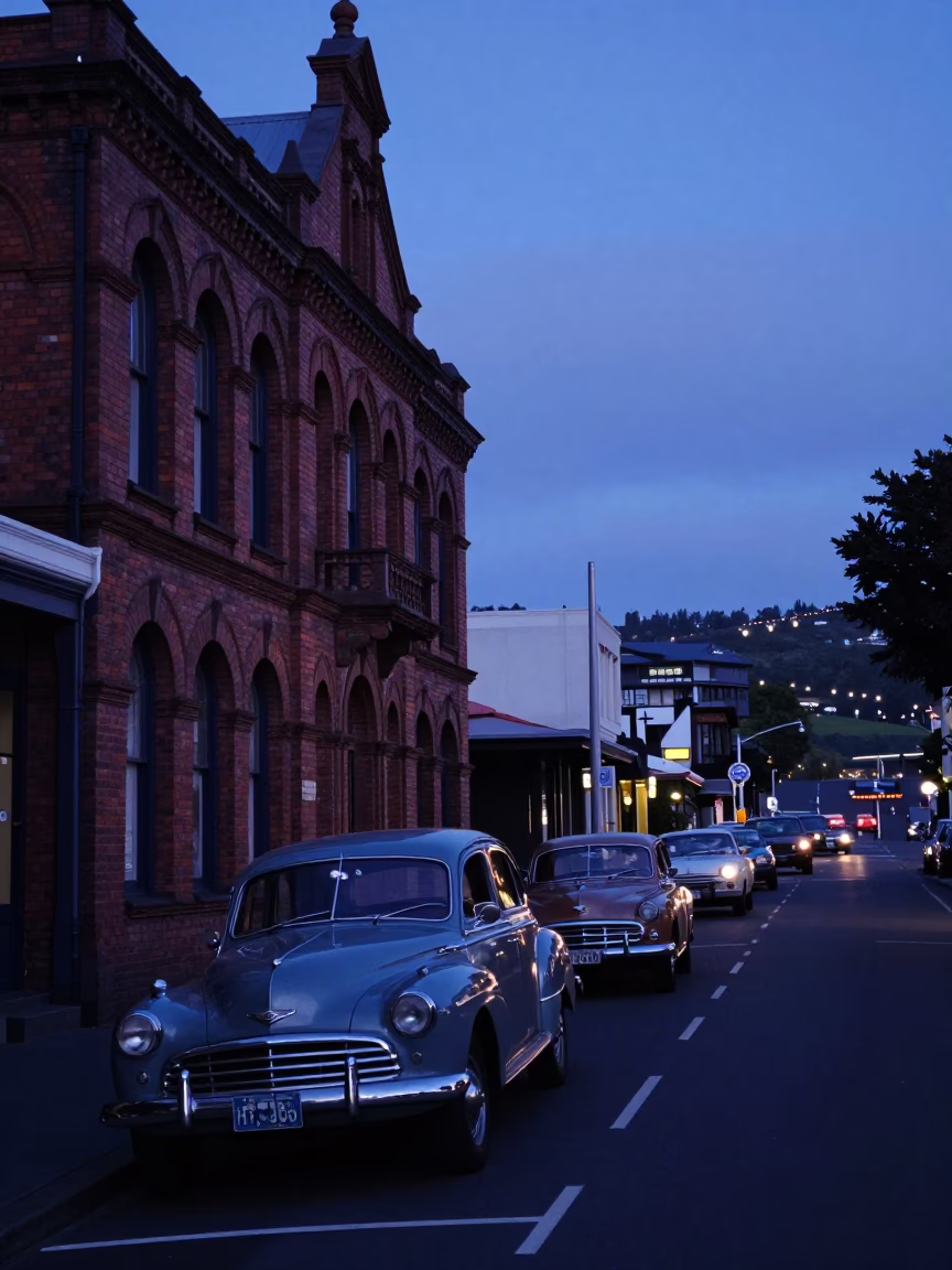 Wellington New Zealand Evening Blue Hour Street Scene with Vintage Cars and Urban Architecture in in Wellington, New Zealand