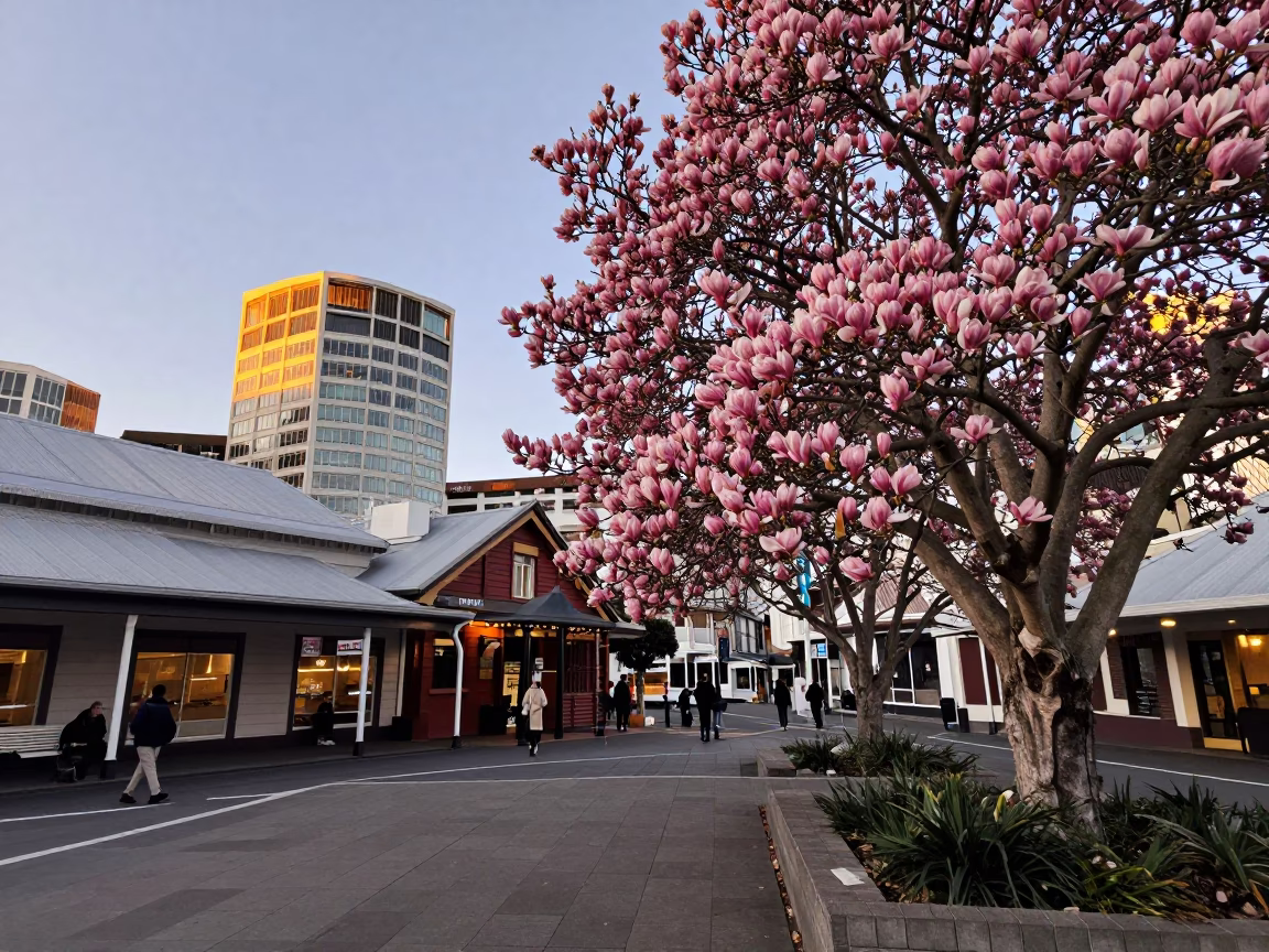 Wellington New Zealand Evening Light Street Scene with Magnolia Bloom and Fountain in in Wellington, New Zealand
