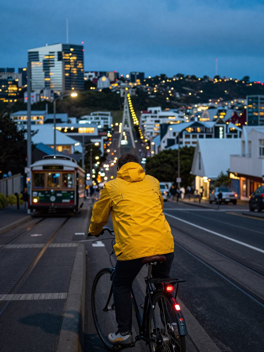 Wellington New Zealand Evening Street Scene with Bicycle and City Lights in in Wellington, New Zealand