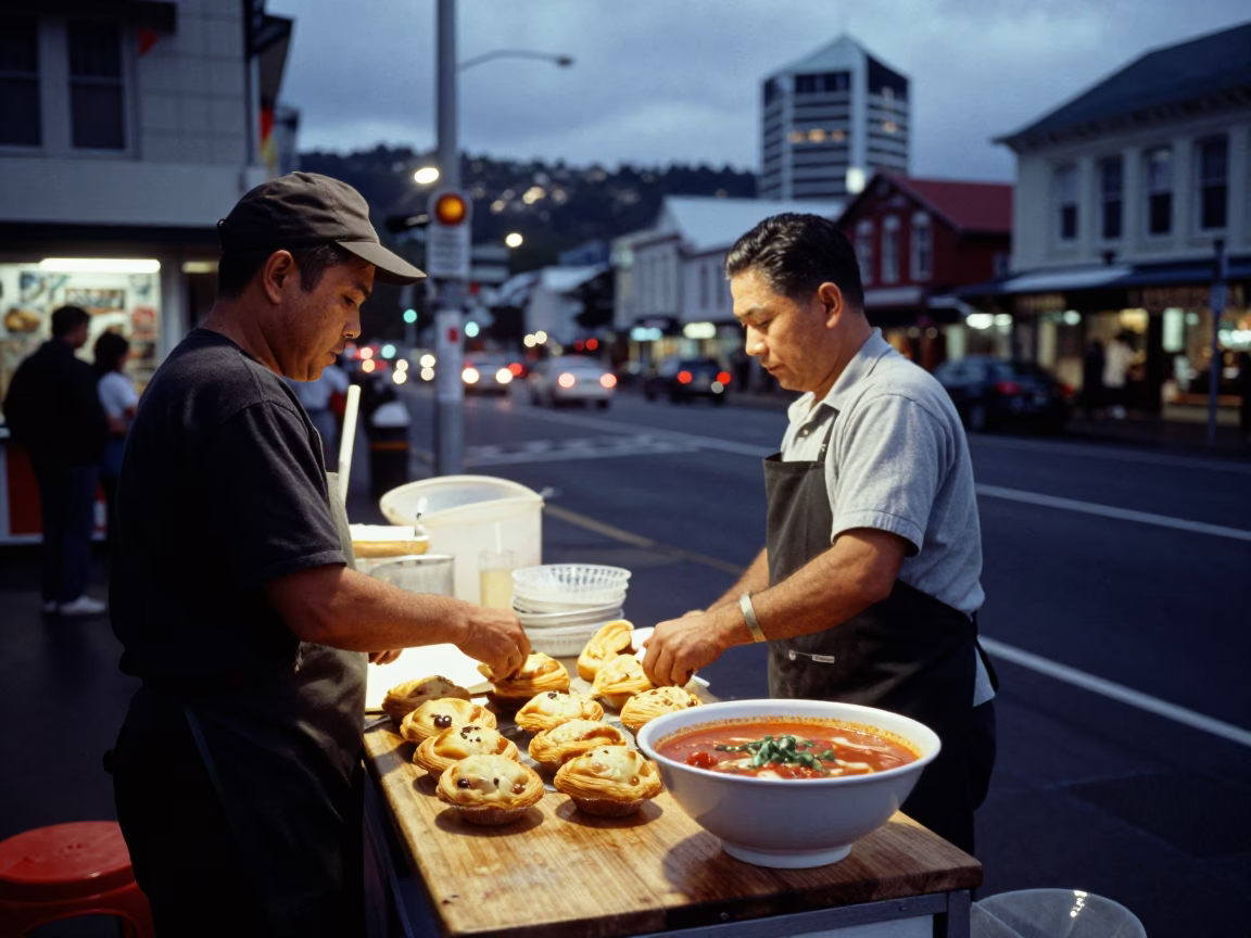 Wellington New Zealand Evening Street Scene with Food Stall and City Lights in in Wellington, New Zealand