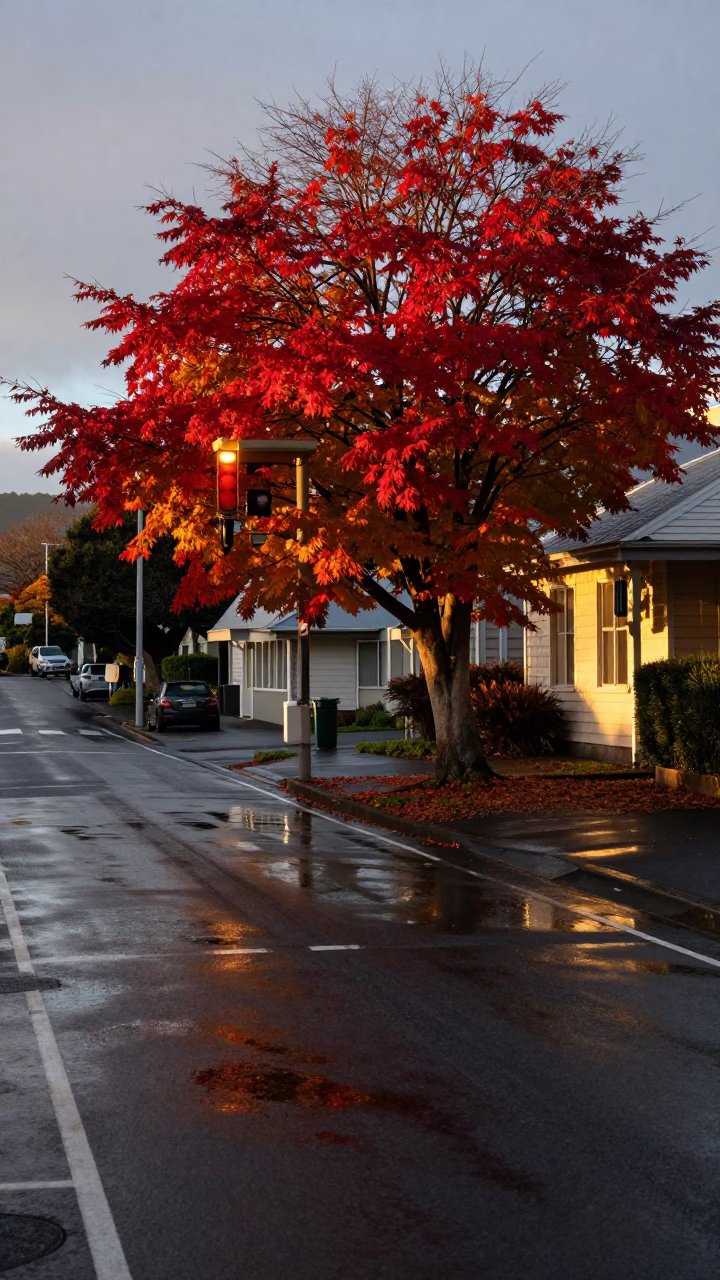 Wellington New Zealand Evening Street Scene with Japanese Maple and Oil Puddles in in Wellington, New Zealand