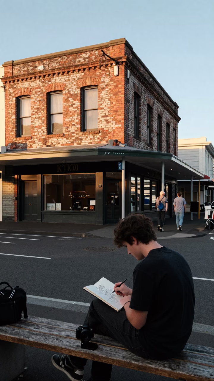 Wellington New Zealand Evening Street Scene with Sketchbook and Local Interaction in in Wellington, New Zealand